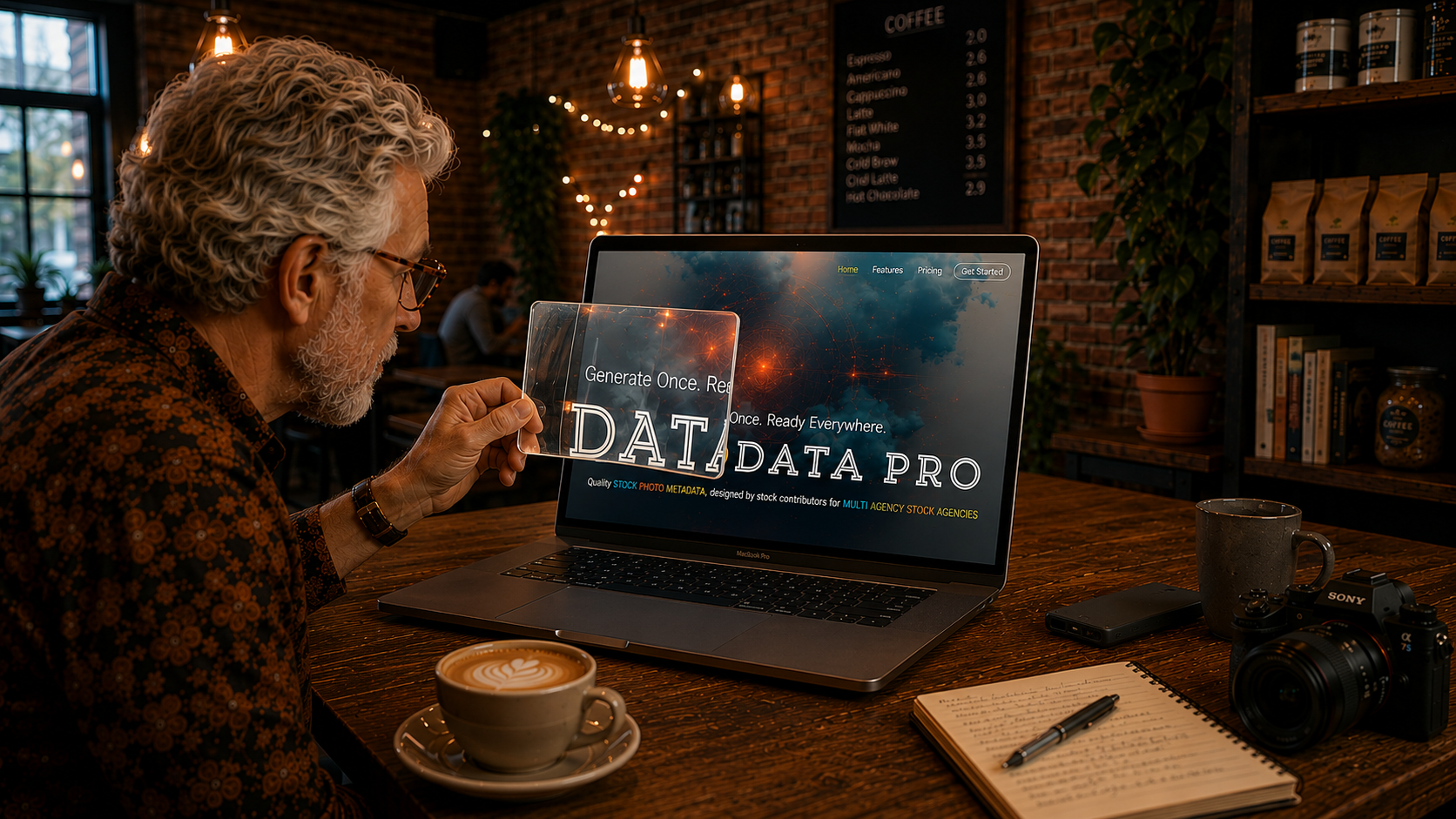 SpeedData Pro accessibility illustration showing a photographer with vision difficulties using a magnifying aid while working with SpeedData Pro