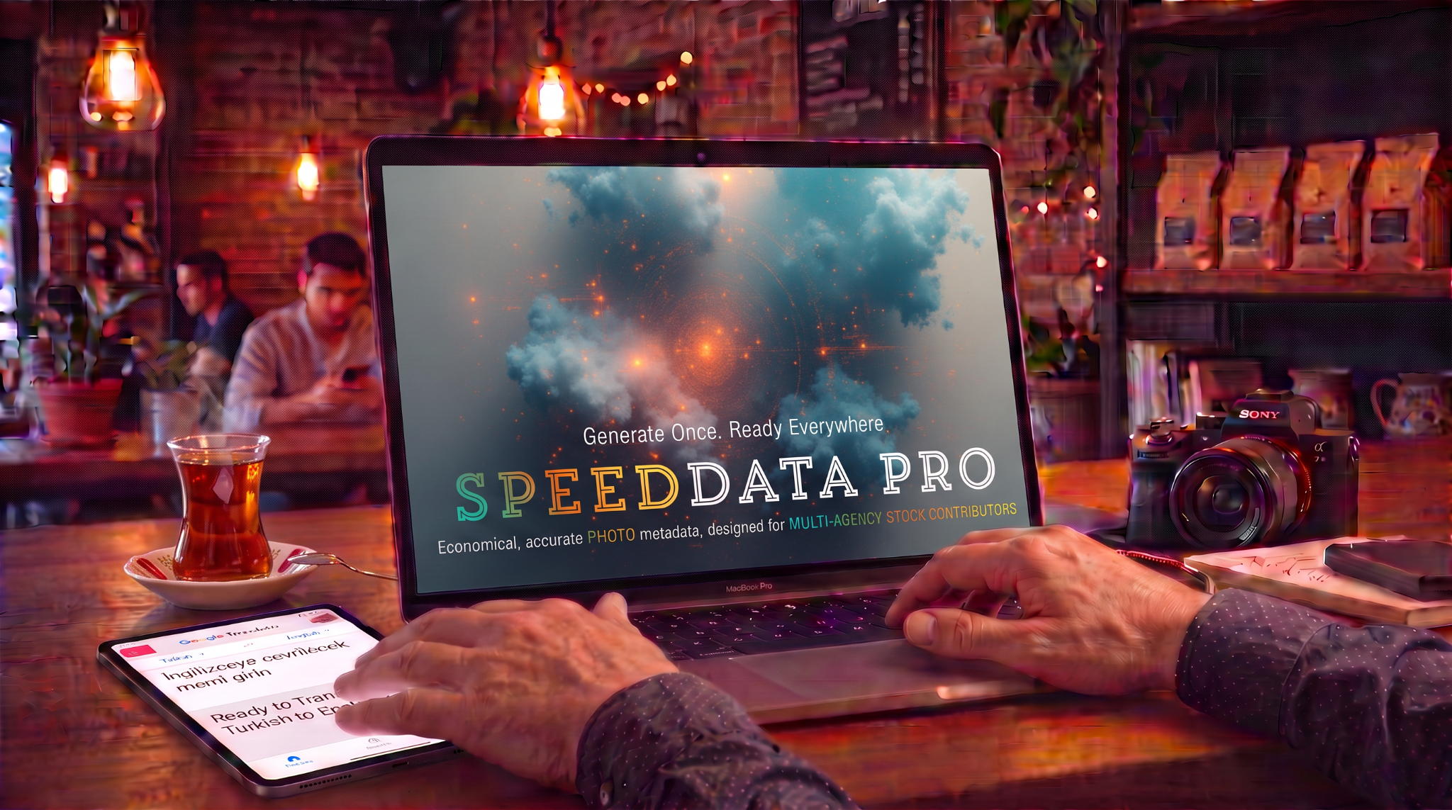 International stock photographer using SpeedData Pro alongside a Turkish-to-English translation tool
