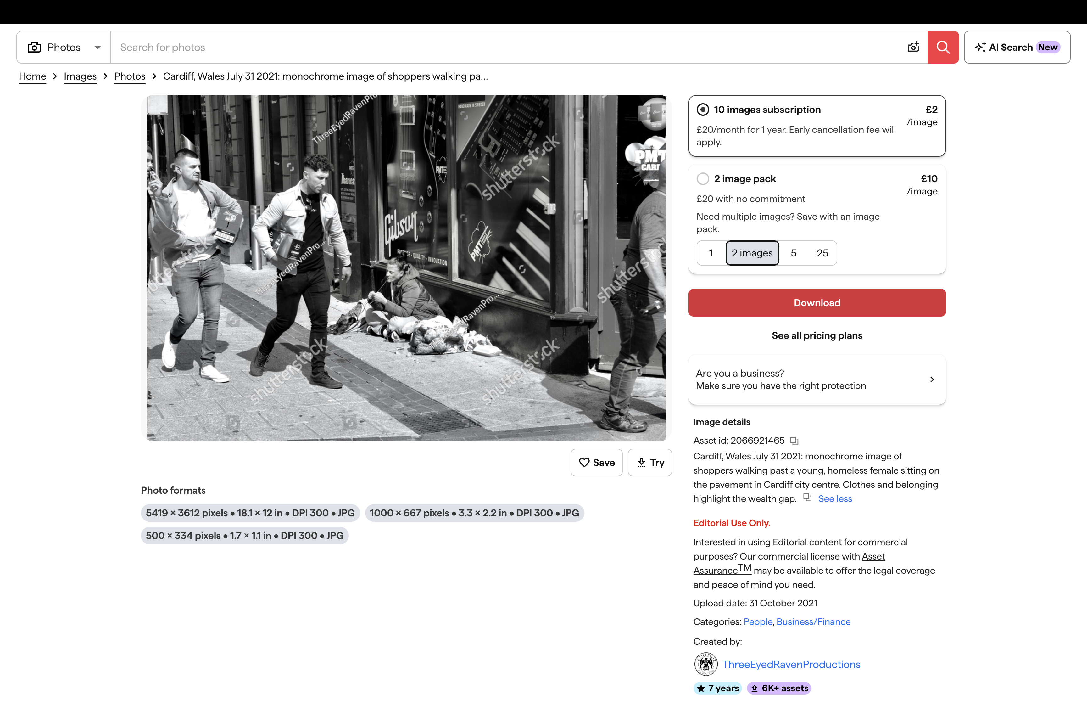 Black-and-white editorial photograph showing a homeless woman seated on a Cardiff city-centre pavement while male shoppers walk past.