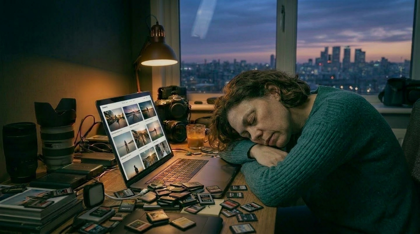 Stock photographer exhausted after hours of writing metadata