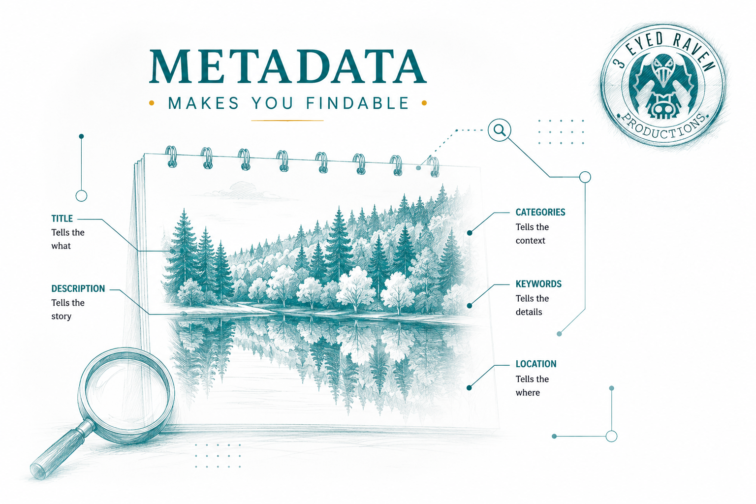 Illustration showing how titles, descriptions, keywords and categories help buyers discover stock photographs.