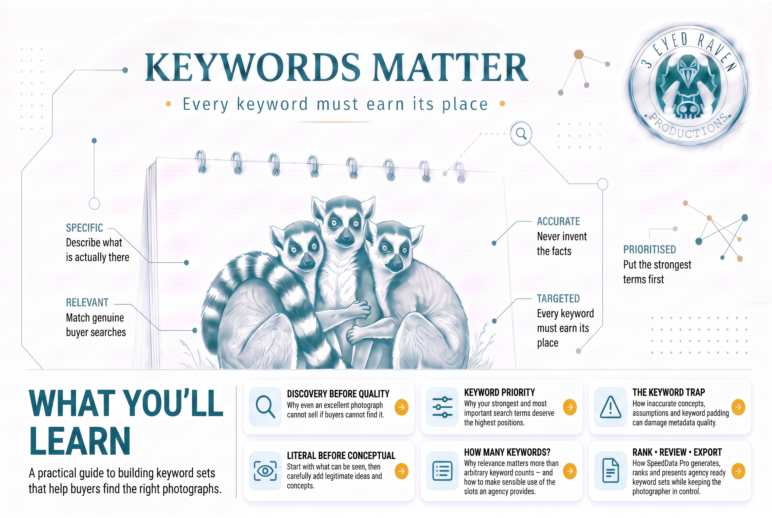 Hero Image for the Keywords Guide by 3 Eyed Raven's SpeedData Metadata-Matters Publication showing keyword strategy, relevance, ranking and discoverability for stock photographers uploading images to Shutterstock, Adobe Stock, Pond5 and Getty/iStock.