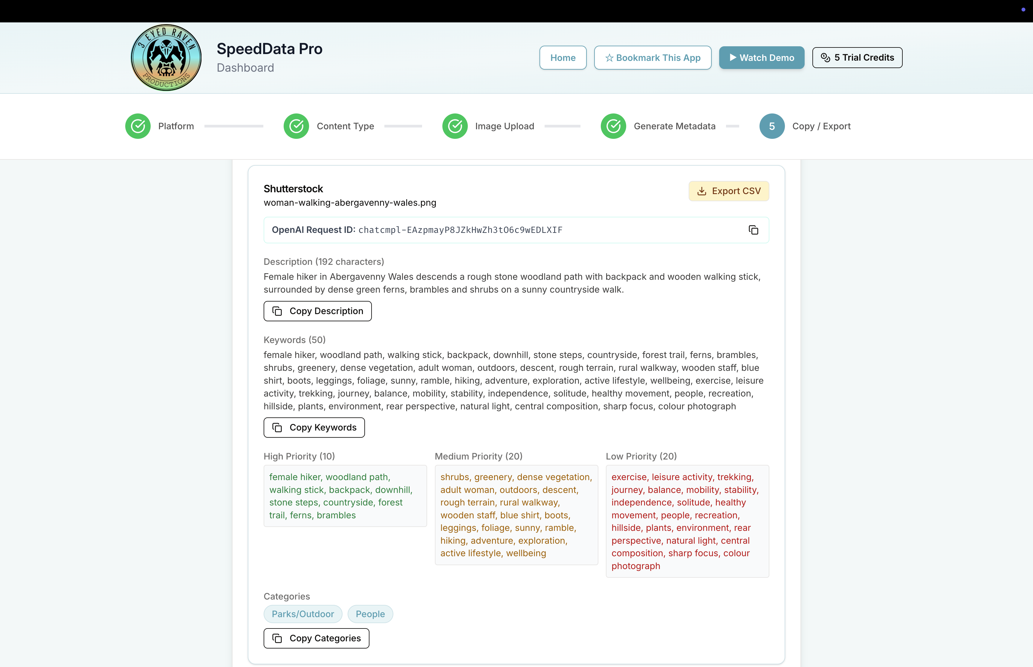 SpeedData Pro Shutterstock metadata with colour-coded high, medium and low priority keyword groups.
