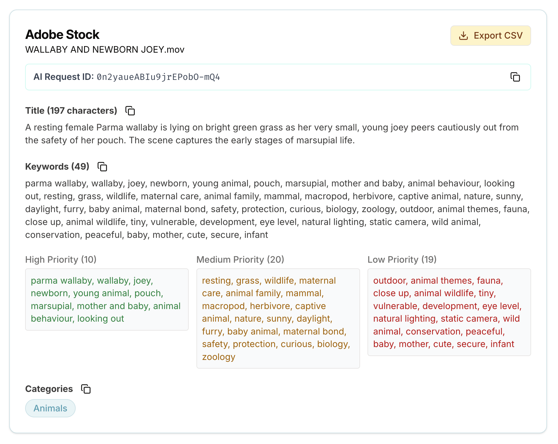 Adobe Stock metadata generated by SpeedData Pro for the newborn wallaby video