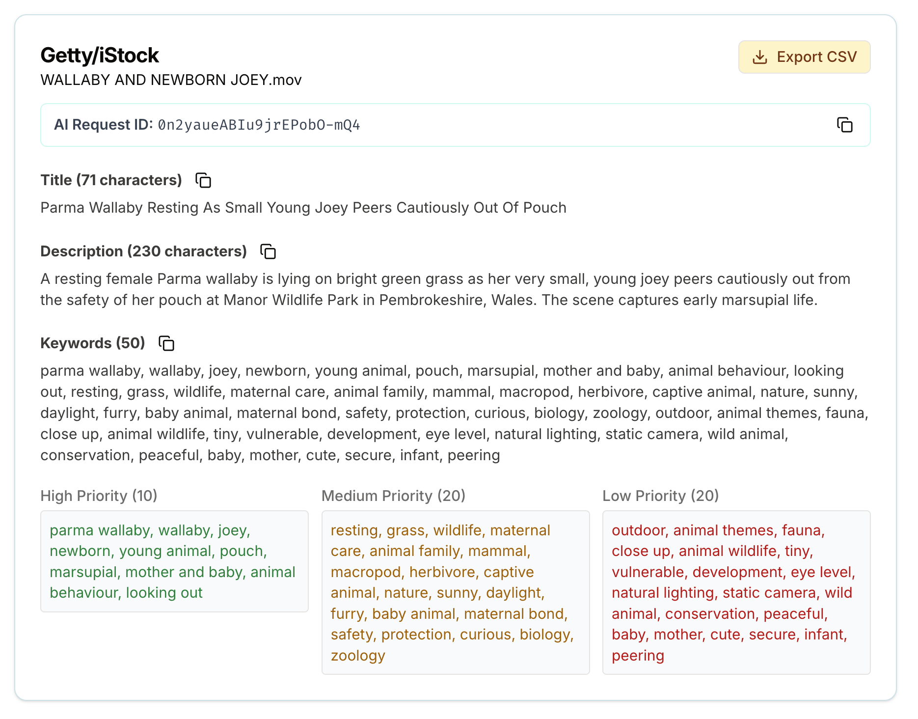 Getty iStock metadata generated by SpeedData Pro for the newborn wallaby video