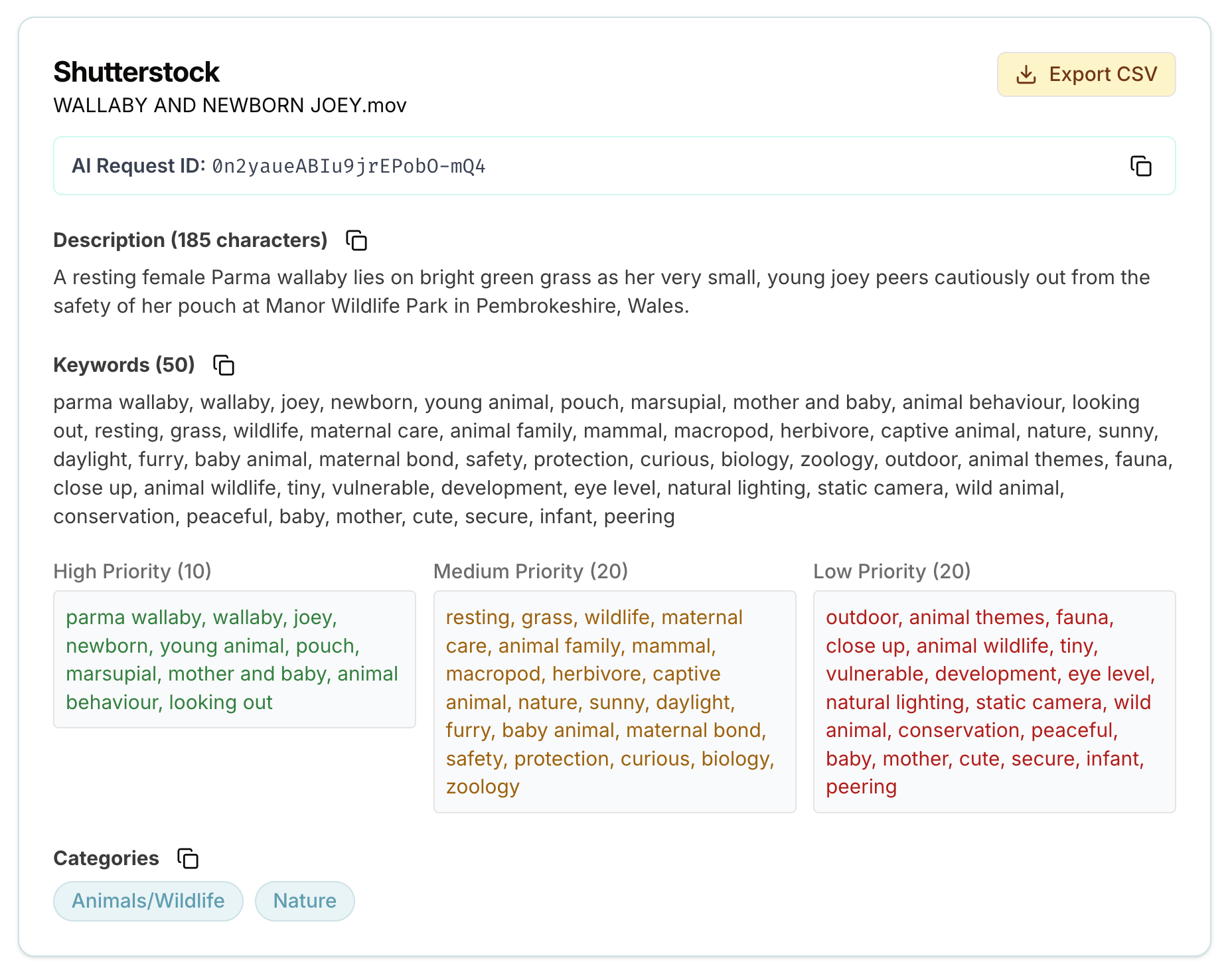 Shutterstock metadata generated by SpeedData Pro for the newborn wallaby video